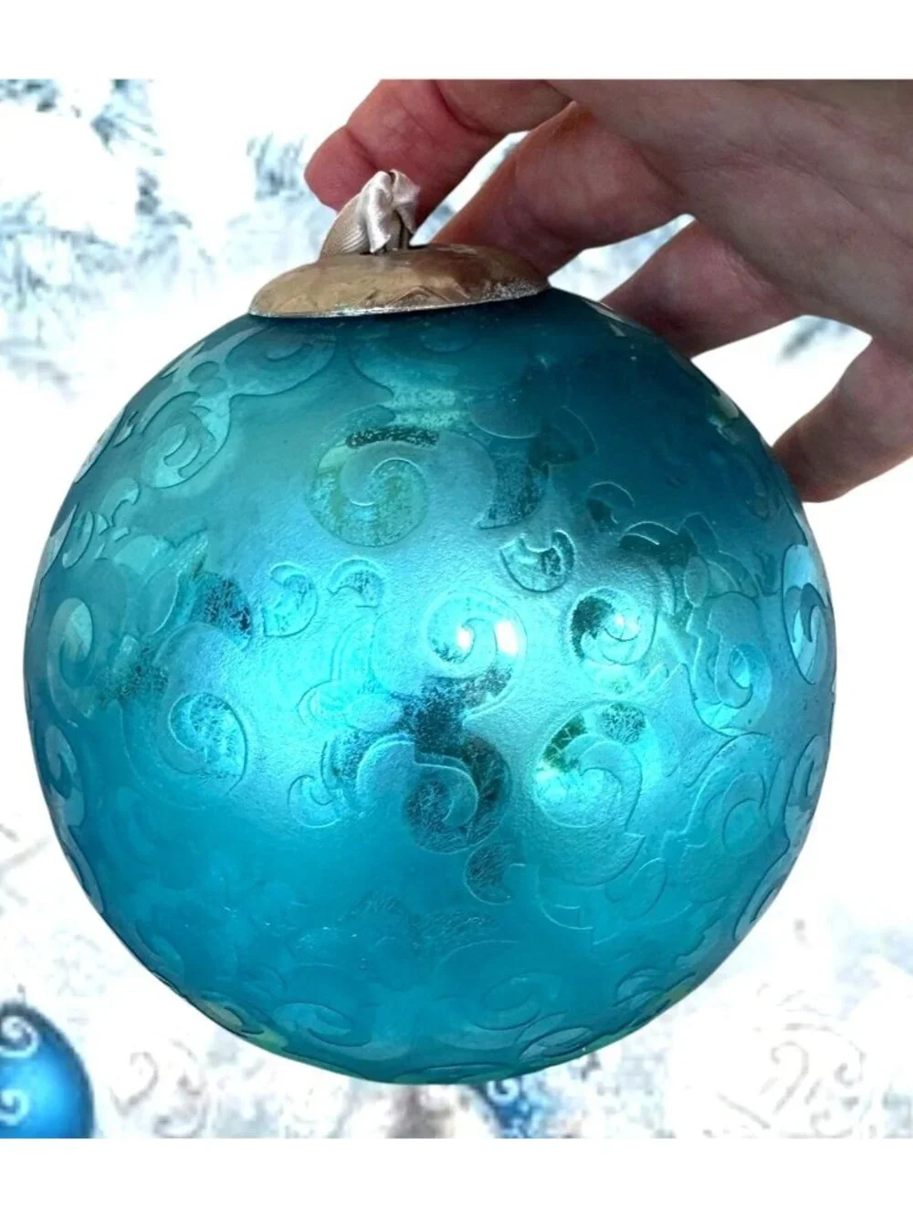 Vintage Large Aqua Blue Christmas Ornament Winter Snow Nostalgic White Ribbon